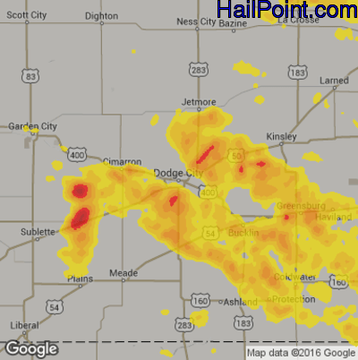 Hail Map for Dodge City, KS Region on August 30, 2019