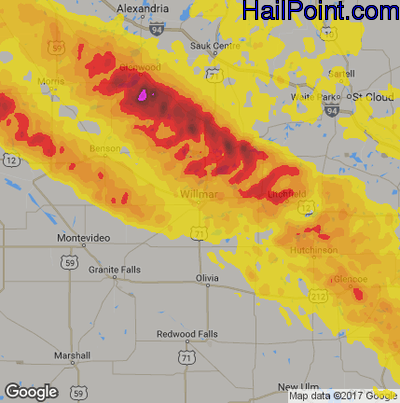 Hail Map for Willmar, MN Region on September 3, 2019