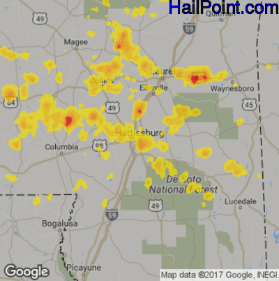 Hail Map for Hattiesburg, MS Region on September 9, 2019
