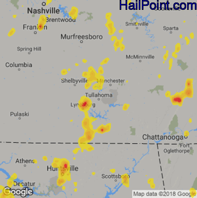 Hail Map for Tullahoma, TN Region on September 10, 2019