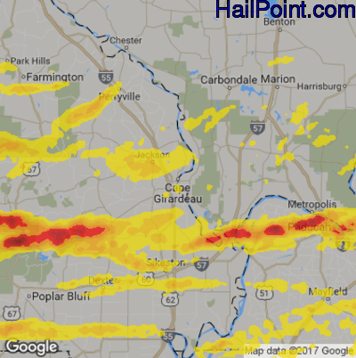 Hail Map for Cape Girardeau, MO Region on March 2, 2020