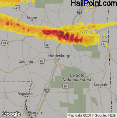 Hail Map for Hattiesburg, MS Region on March 4, 2020