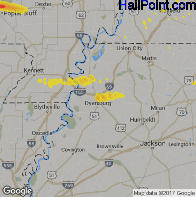 Hail Map for Dyersburg, TN Region on March 12, 2020