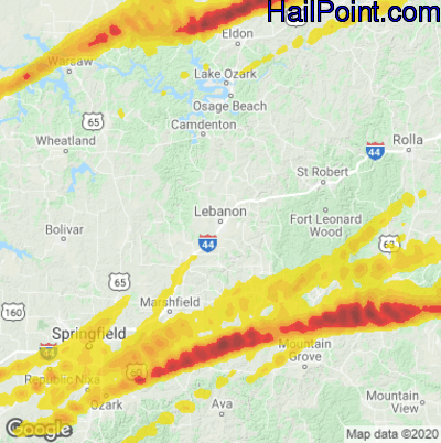 Hail Map for Lebanon, MO Region on March 27, 2020