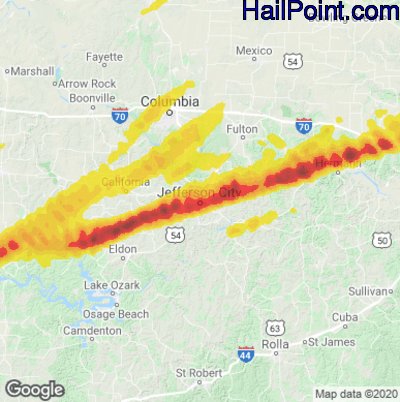Hail Map for Jefferson City, MO Region on March 28, 2020