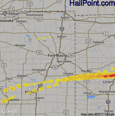 Hail Map for Fort Wayne, IN Region on March 28, 2020