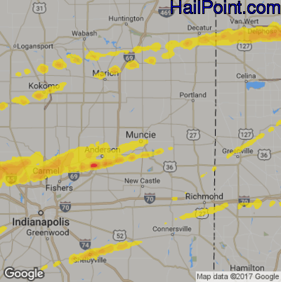 Hail Map for Muncie, IN Region on March 28, 2020 
