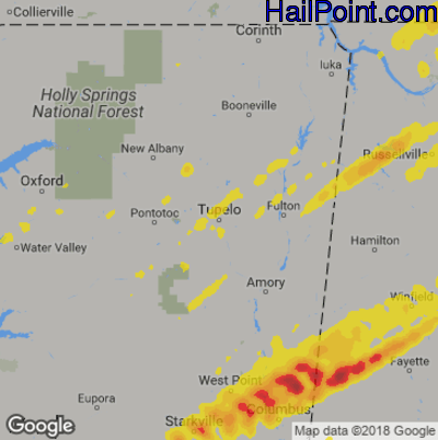 Hail Map for Tupelo, MS Region on March 29, 2020 