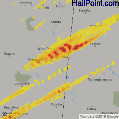 Hail Map for Columbus, MS Region on March 29, 2020