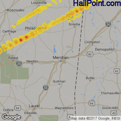 Hail Map for Meridan, MS Region on March 29, 2020 