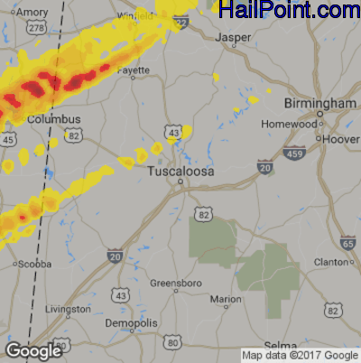 Hail Map for Tuscaloosa, AL Region on March 29, 2020