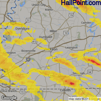 Hail Map for Jackson, TN Region on April 8, 2020