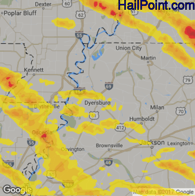 Hail Map for Dyersburg, TN Region on April 8, 2020