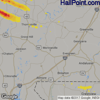 Hail Map for Monroeville, AL Region on April 8, 2020