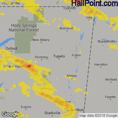 Hail Map for Tupelo, MS Region on April 9, 2020