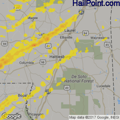 Hail Map for Hattiesburg, MS Region on April 12, 2020