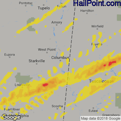 Hail Map for Columbus, MS Region on April 12, 2020