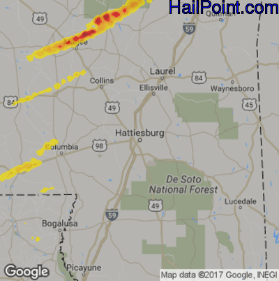 Hail Map for Hattiesburg, MS Region on April 19, 2020