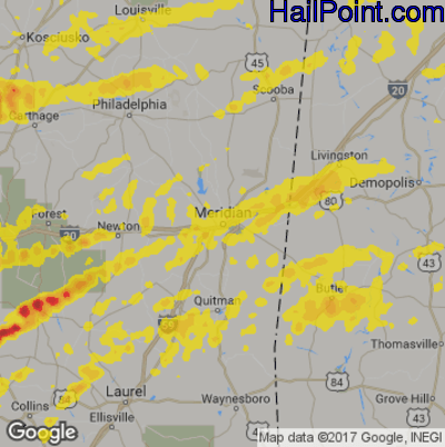 Hail Map for Meridan, MS Region on April 19, 2020 
