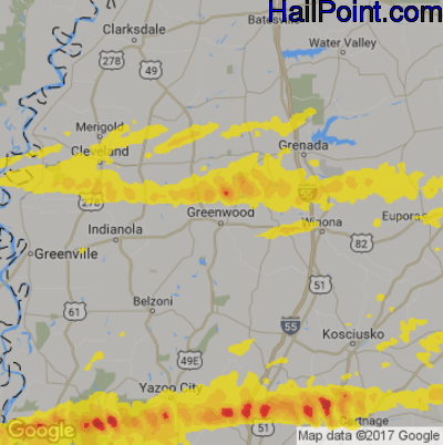 Hail Map for Greenwood, MS Region on April 19, 2020 