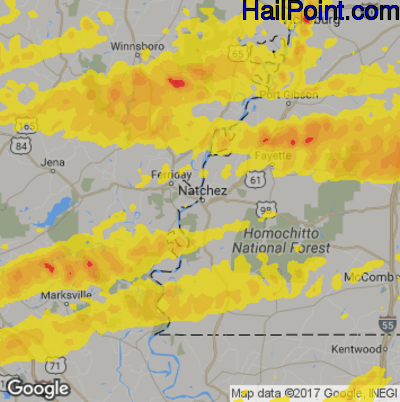 Hail Map for Natchez, MS Region on April 22, 2020 