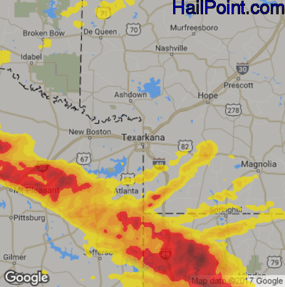 Hail Map for Texarkana, AR Region on April 25, 2020