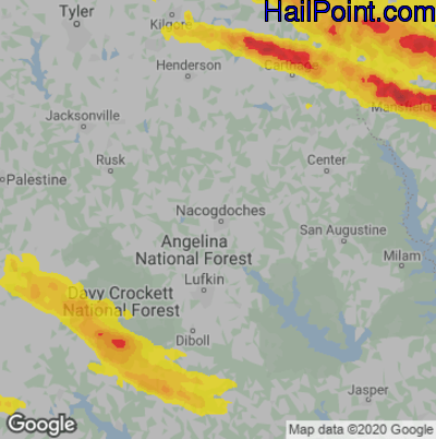Hail Map for Nacogdoches, TX Region on April 25, 2020