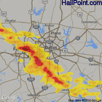 Hail Map for Dallas, TX Region on April 28, 2020