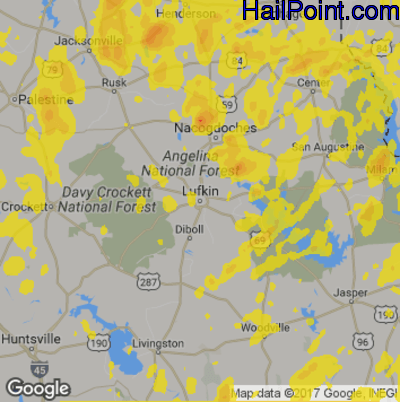 Hail Map for Lufkin, TX Region on April 28, 2020