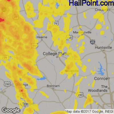 Hail Map for College Station, TX Region on April 28, 2020