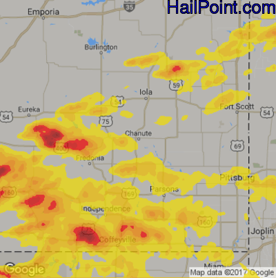 Hail Map for Chanute, KS Region on April 28, 2020