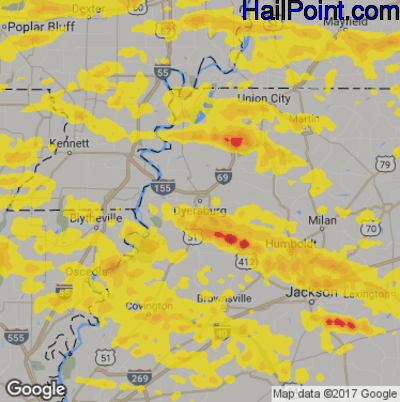 Hail Map for Dyersburg, TN Region on May 3, 2020