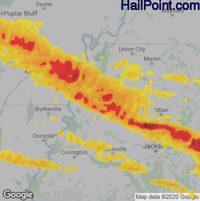 Hail Map for Dyersburg, TN Region on May 4, 2020 