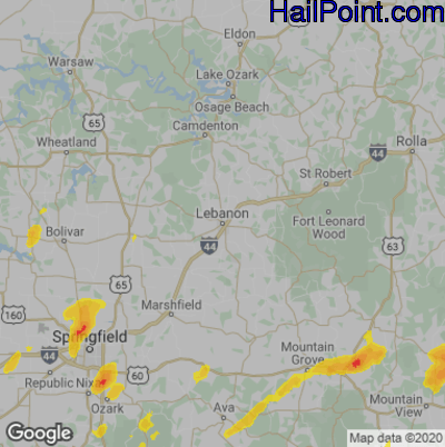 Hail Map for Lebanon, MO Region on May 14, 2020