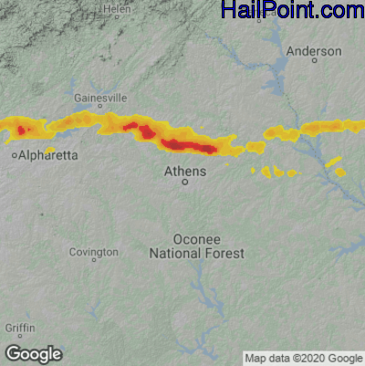 Hail Map for Athens, GA Region on May 22, 2020