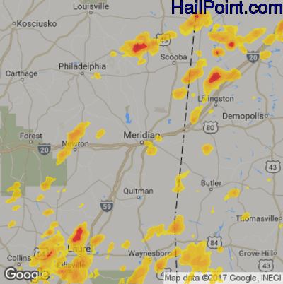Hail Map for Meridan, MS Region on May 22, 2020