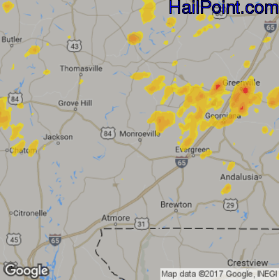 Hail Map for Monroeville, AL Region on May 22, 2020