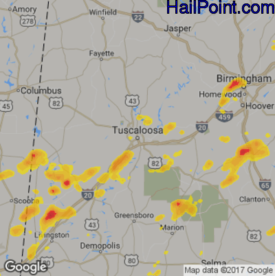 Hail Map for Tuscaloosa, AL Region on May 22, 2020