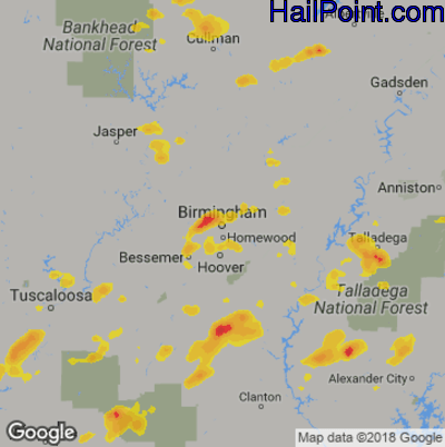Hail Map for Birmingham, AL Region on May 22, 2020