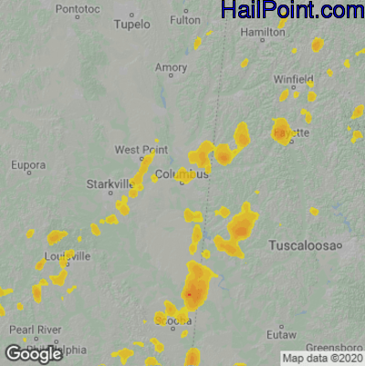 Hail Map for Columbus, MS Region on May 23, 2020 