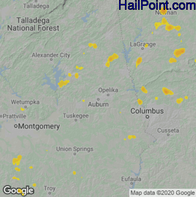 Hail Map for Auburn, AL Region on May 24, 2020