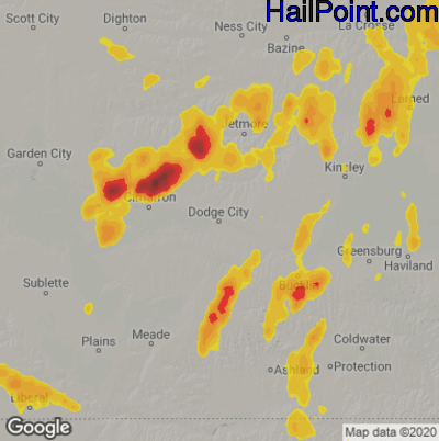 Hail Map for Dodge City, KS Region on May 25, 2020
