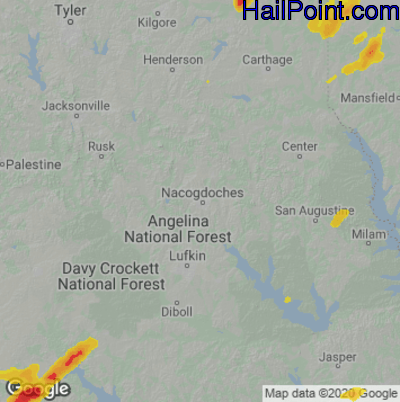 Hail Map for Nacogdoches, TX Region on May 26, 2020
