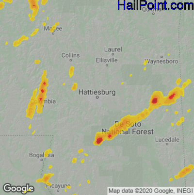 Hail Map for Hattiesburg, MS Region on May 27, 2020