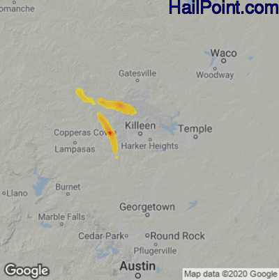 Hail Map for Killeen, TX Region on May 28, 2020