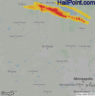Hail Map for St Cloud, MN Region on June 1, 2020