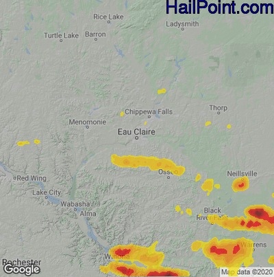 Hail Map for Eau Claire, WI Region on June 2, 2020
