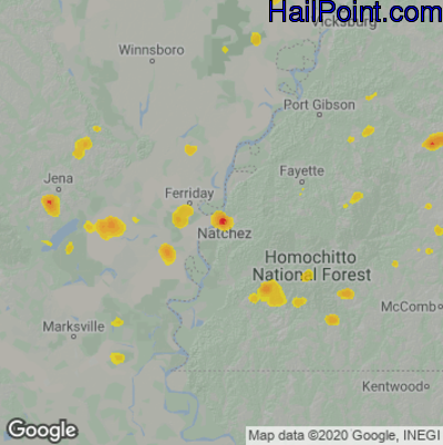 Hail Map for Natchez, MS Region on June 3, 2020 