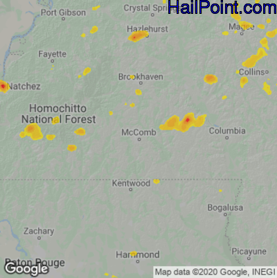 Hail Map for McComb, MS Region on June 3, 2020 