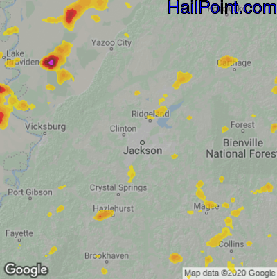 Hail Map for Jackson, MS Region on June 3, 2020